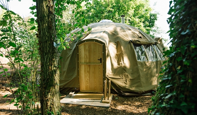 The exterior of a beige tent in the middle of the forest