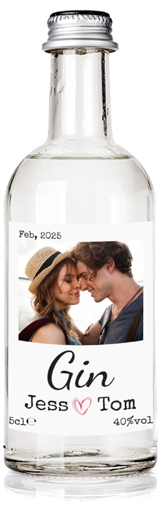 A bottle of gin with a couple's photo on